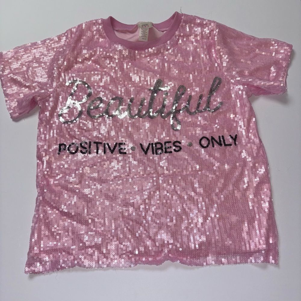 Glittery Pink Sequin Women's Top with "Beautiful Positive Vibes Only Message 2X